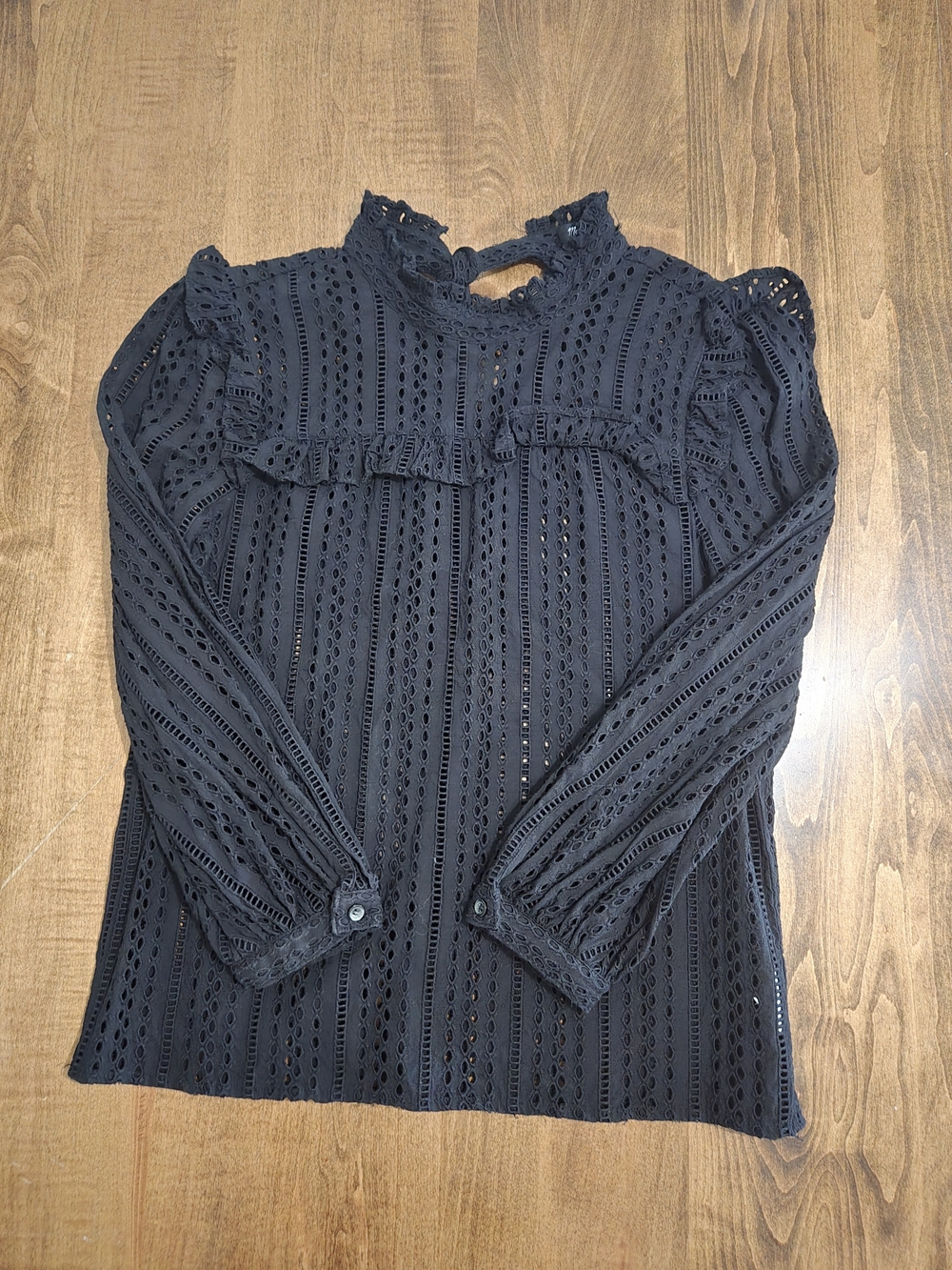 Madewell Black Eyelet Ruffle High-Neck Long-Sleeve Top 100% Cotton